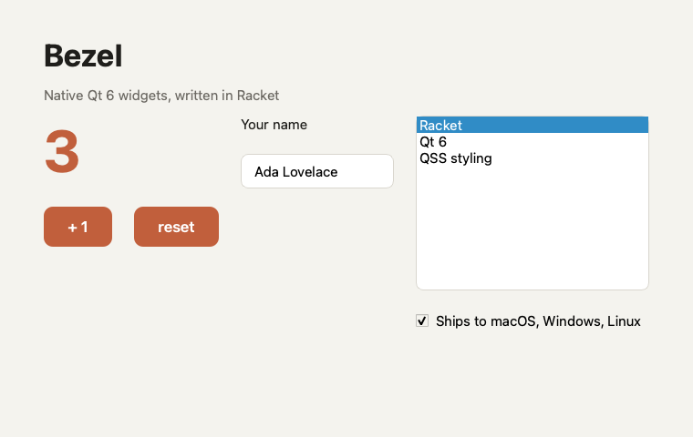 Bezel showcase — real Qt widgets rendered headlessly from Racket